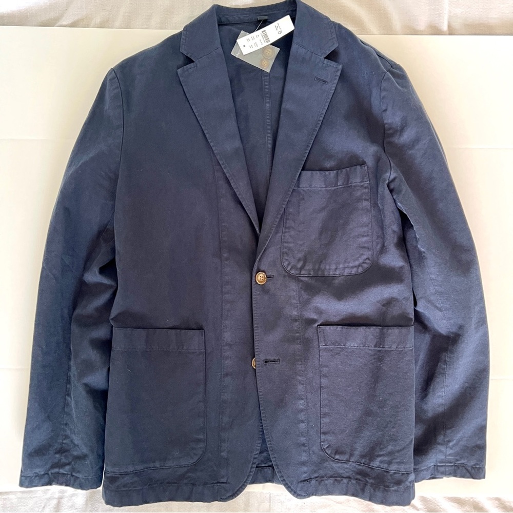 Garment-dyed Navy cotton-linen blend chino suit jacket size 38R with tags
